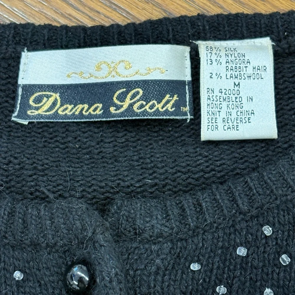 VTG Dana Scott Cardigan Christmas Sweater Black Silk Wool Angora Blend Women’s M - Picture 2 of 14